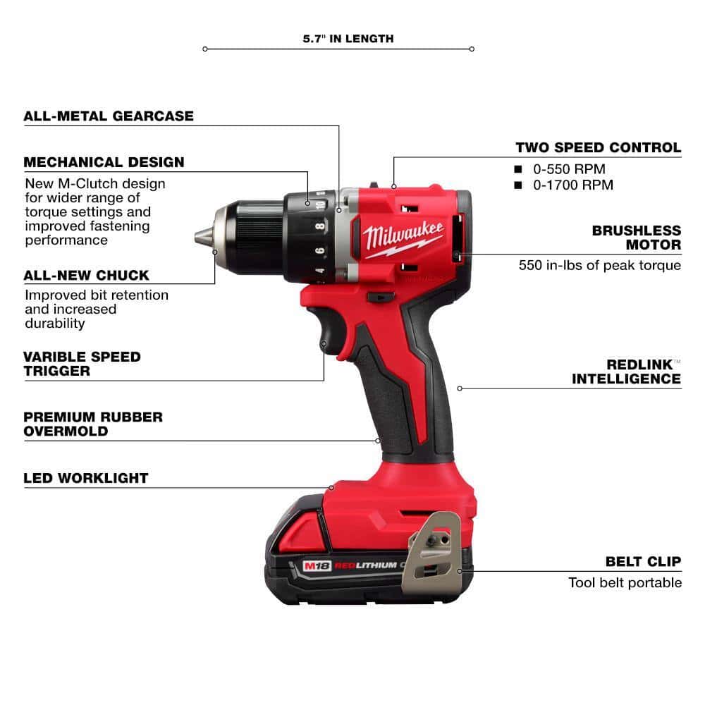 Milwaukee 3601-22CT M18 18V Lithium-Ion Brushless Cordless 1/2 in. Compact Drill/Driver Kit with Two 2.0 Ah Batteries, Charger and Case