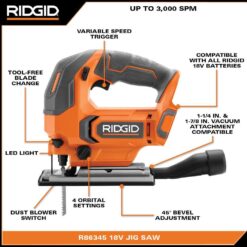 RIDGID R86345KSB 18V Cordless Jig Saw Kit with 2.0 Ah Lithium-Ion Battery and Charger