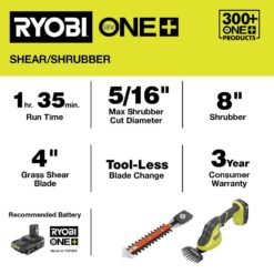 RYOBI ONE+ 18V Cordless Grass Shear and Shrubber Trimmer with 2.0 Ah Battery and Charger