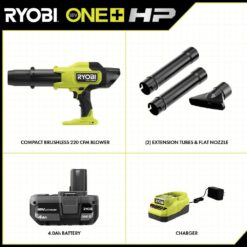 RYOBI ONE+ HP 18V Brushless Cordless 220 CFM 140 MPH Compact Blower with 4.0 Ah Battery & Charger
