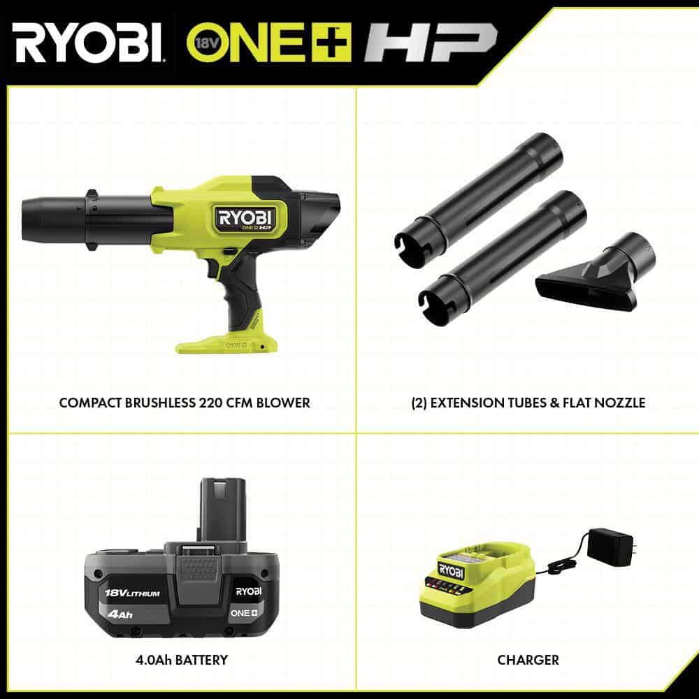 RYOBI ONE+ HP 18V Brushless Cordless 220 CFM 140 MPH Compact Blower with 4.0 Ah Battery & Charger