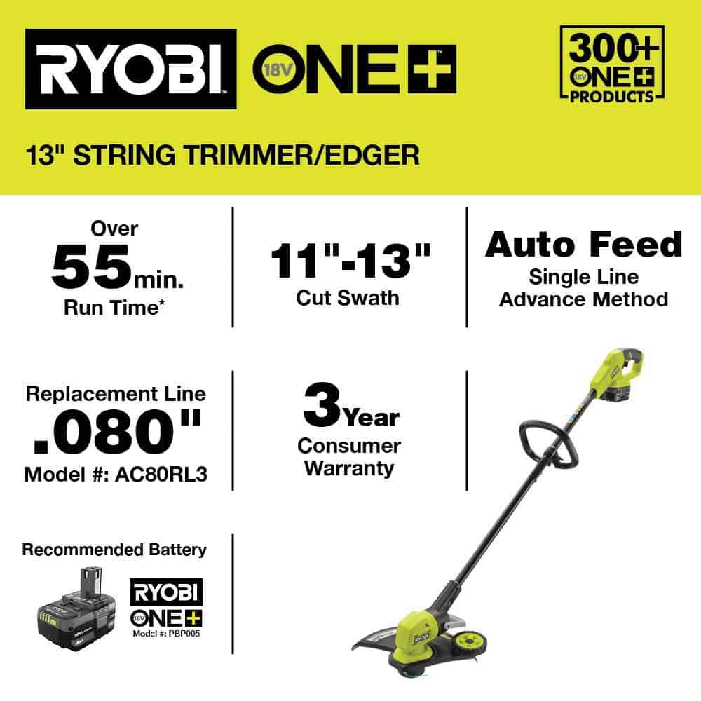 RYOBI ONE+ 18V 13 in. Cordless Battery String Trimmer/Edger with 4.0 Ah Battery and Charger