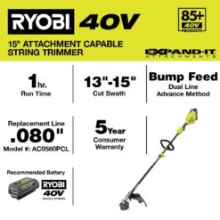 RYOBI RY40ST01K 40V 15 in. Expand-It Cordless Battery Attachment Capable String Trimmer with 4.0 Ah Battery and Charger