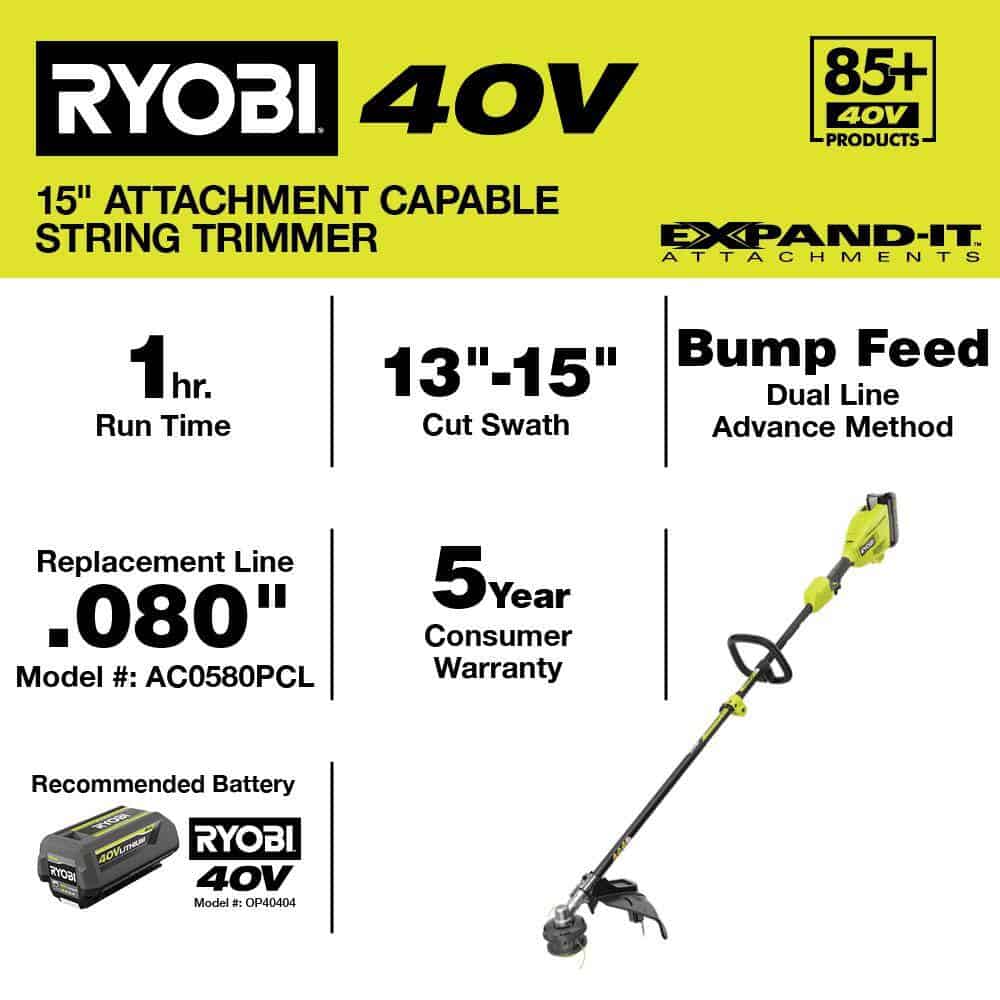RYOBI RY40ST01K 40V 15 in. Expand-It Cordless Battery Attachment Capable String Trimmer with 4.0 Ah Battery and Charger