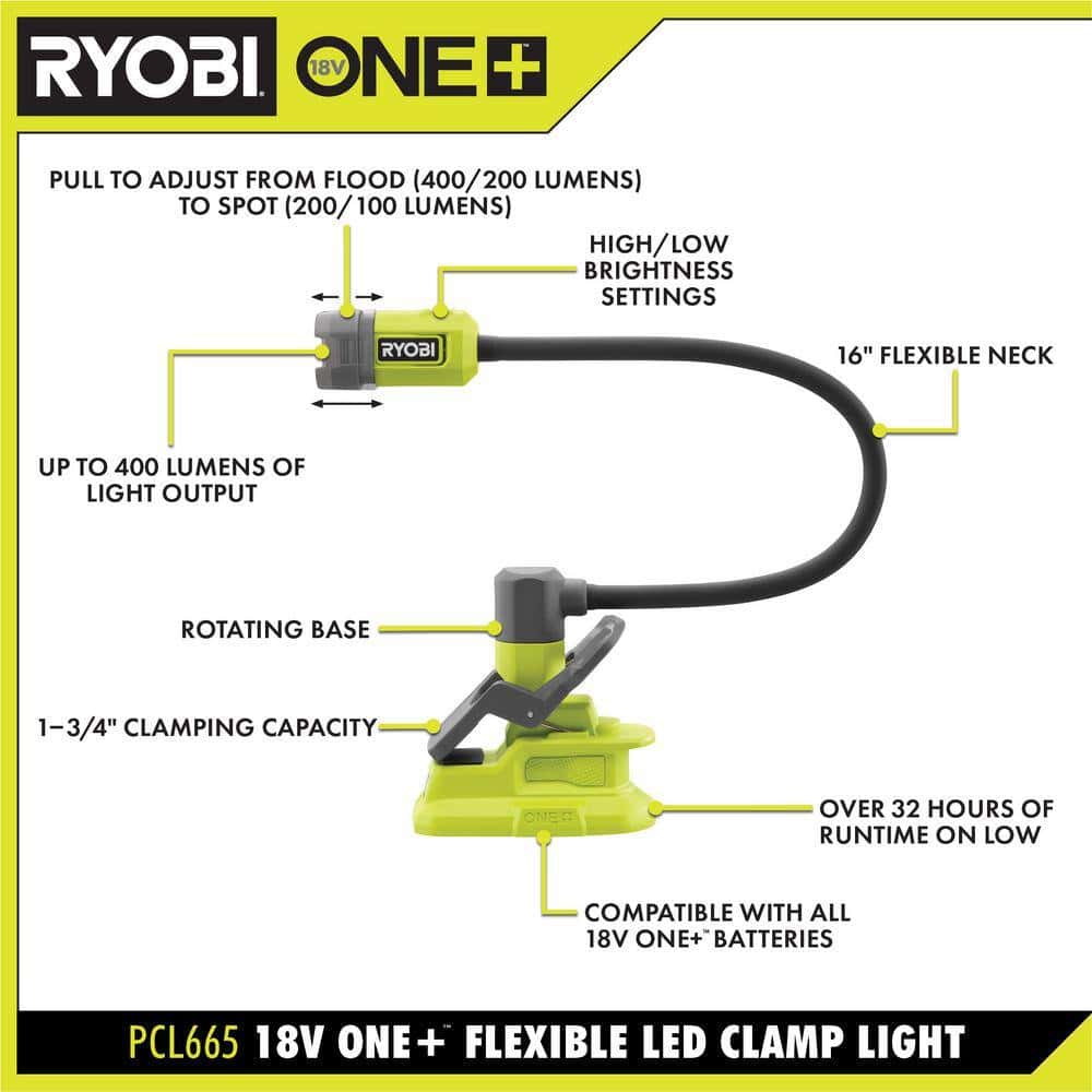 RYOBI ONE+ 18V 3-Tool Lighting Kit with Hybrid Panel Light, Spotlight and Flexible Clamp Light (Tools Only)