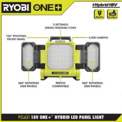 RYOBI ONE+ 18V 3-Tool Lighting Kit with Hybrid Panel Light, Spotlight and Flexible Clamp Light (Tools Only)