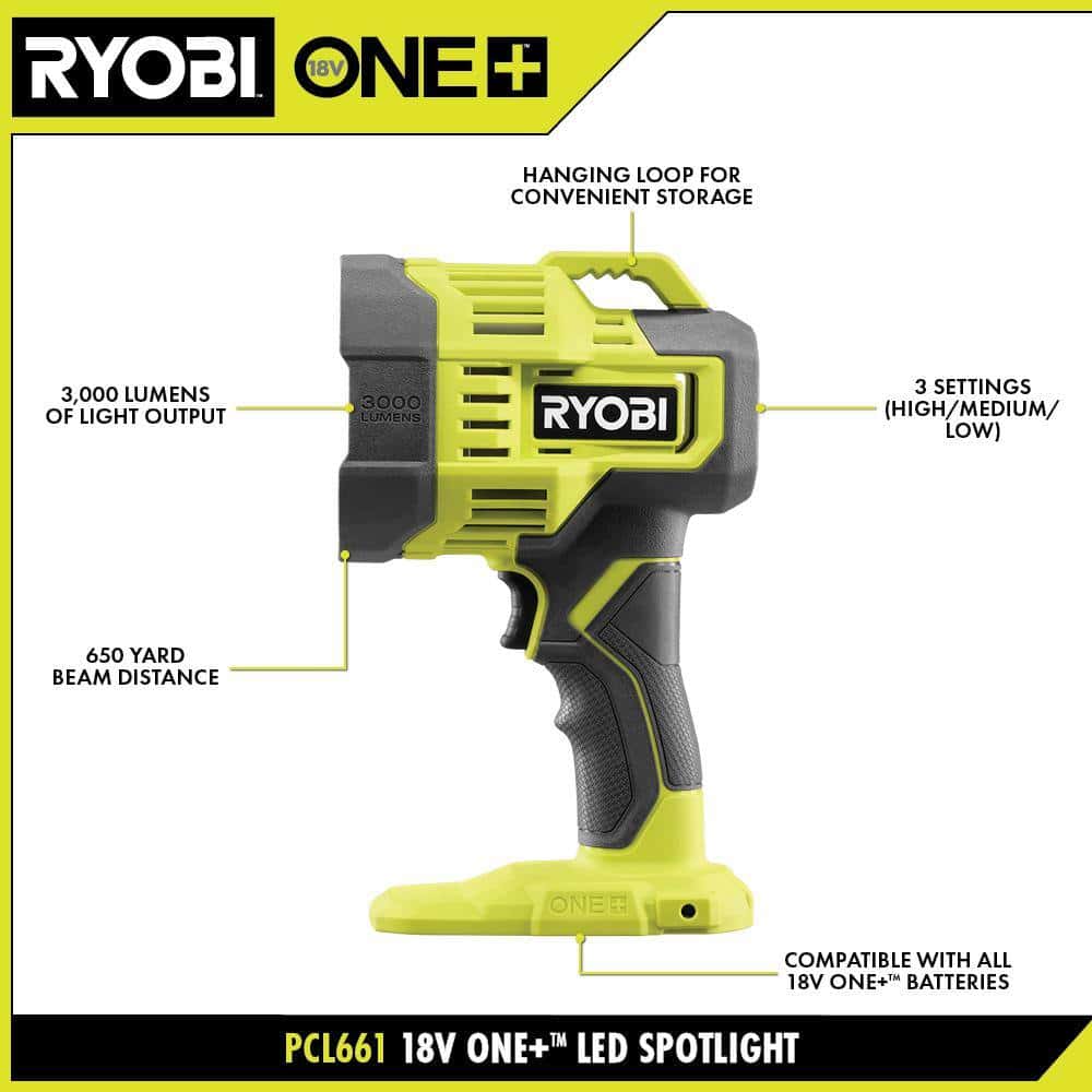 RYOBI ONE+ 18V 3-Tool Lighting Kit with Hybrid Panel Light, Spotlight and Flexible Clamp Light (Tools Only)