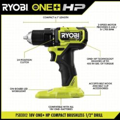 RYOBI ONE+ HP 18V Brushless Cordless Compact 1/2in. Drill/Driver Kit with (2) 1.5 Ah Batteries and Charger
