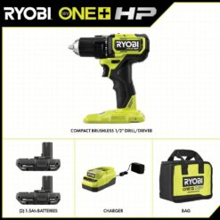 RYOBI ONE+ HP 18V Brushless Cordless Compact 1/2in. Drill/Driver Kit with (2) 1.5 Ah Batteries and Charger