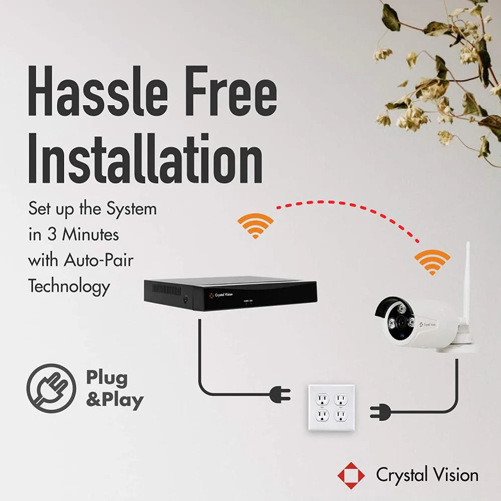 Crystal Vision 8CH 4-camera 1080P wireless security system Outdoor 4-Camera Plug-in Bullet 2Tb Hard Drive Security Camera System