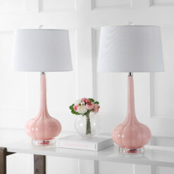 JONATHAN Y Bette Glass Teardrop Contemporary/Transitional 28.5-in Pink Led, Rotary Socket Table Lamp with Linen Shade (Set of 2)