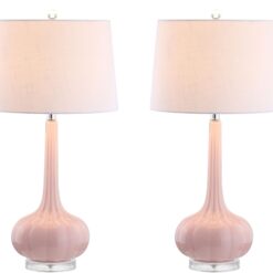 JONATHAN Y Bette Glass Teardrop Contemporary/Transitional 28.5-in Pink Led, Rotary Socket Table Lamp with Linen Shade (Set of 2)