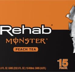 Monster Energy Rehab Peach Tea + Energy, Energy Iced Tea, Energy Drink, 15.5 Ounce (Pack of 15)