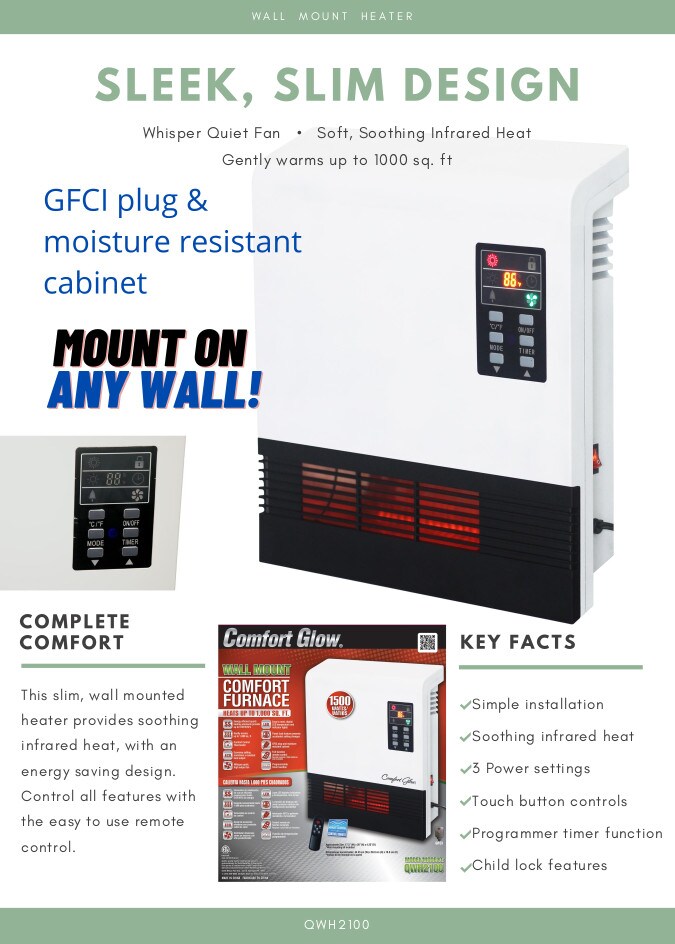 Comfort Glow Up to 1500-Watt Infrared Quartz Wall Mount Indoor Electric Space Heater with Thermostat and Remote Included