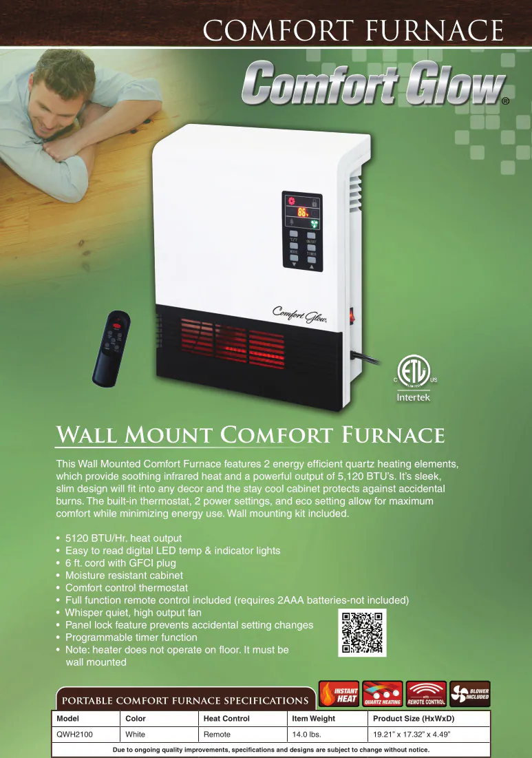 Comfort Glow Up to 1500-Watt Infrared Quartz Wall Mount Indoor Electric Space Heater with Thermostat and Remote Included