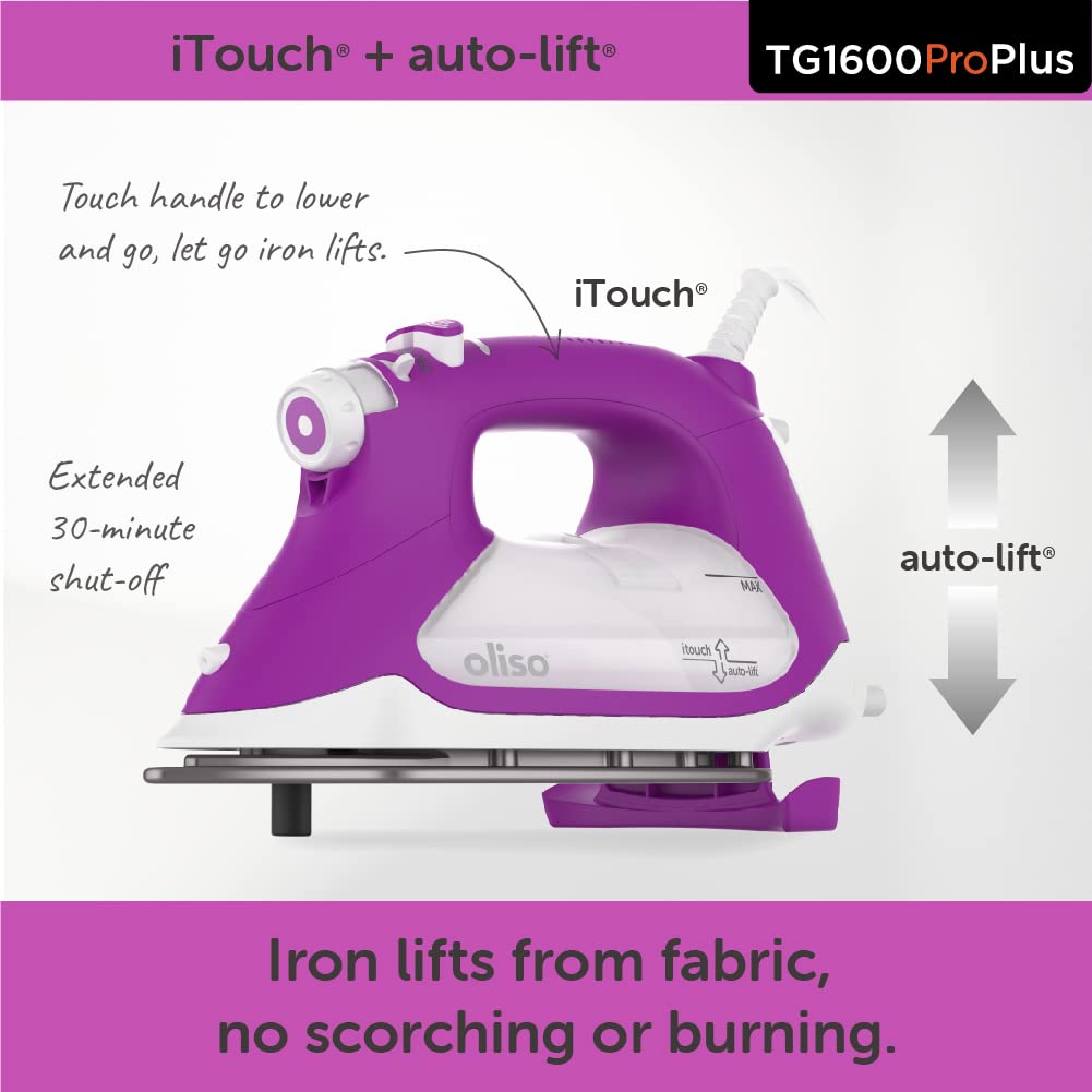 Oliso TG1600 Pro Plus 1800 Watt SmartIron with Auto Lift - for Clothes, Sewing, Quilting and Crafting Ironing, Purple