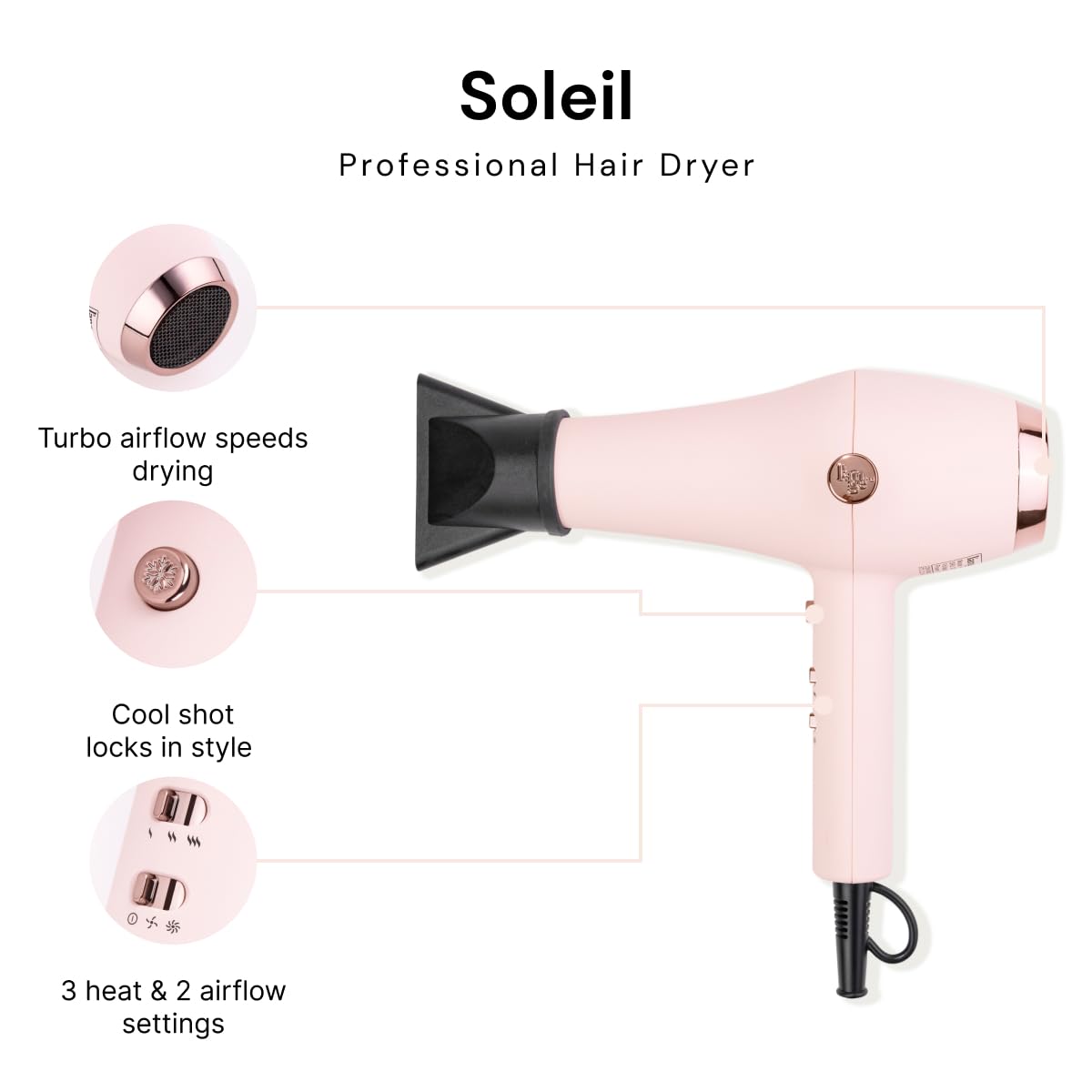 L'ANGE HAIR Soleil Professional Hair Dryer, 3 Heat Settings & 2 Airflow Settings, Cool Shot Locks-in Style, (Blush)