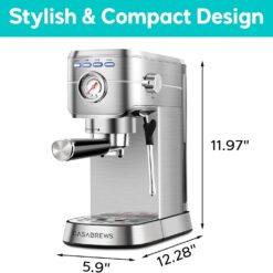 CASABREWS Espresso Machine 20 Bar, Compact Espresso Maker with Steam Milk Frother, Stainless Steel Coffee Machine