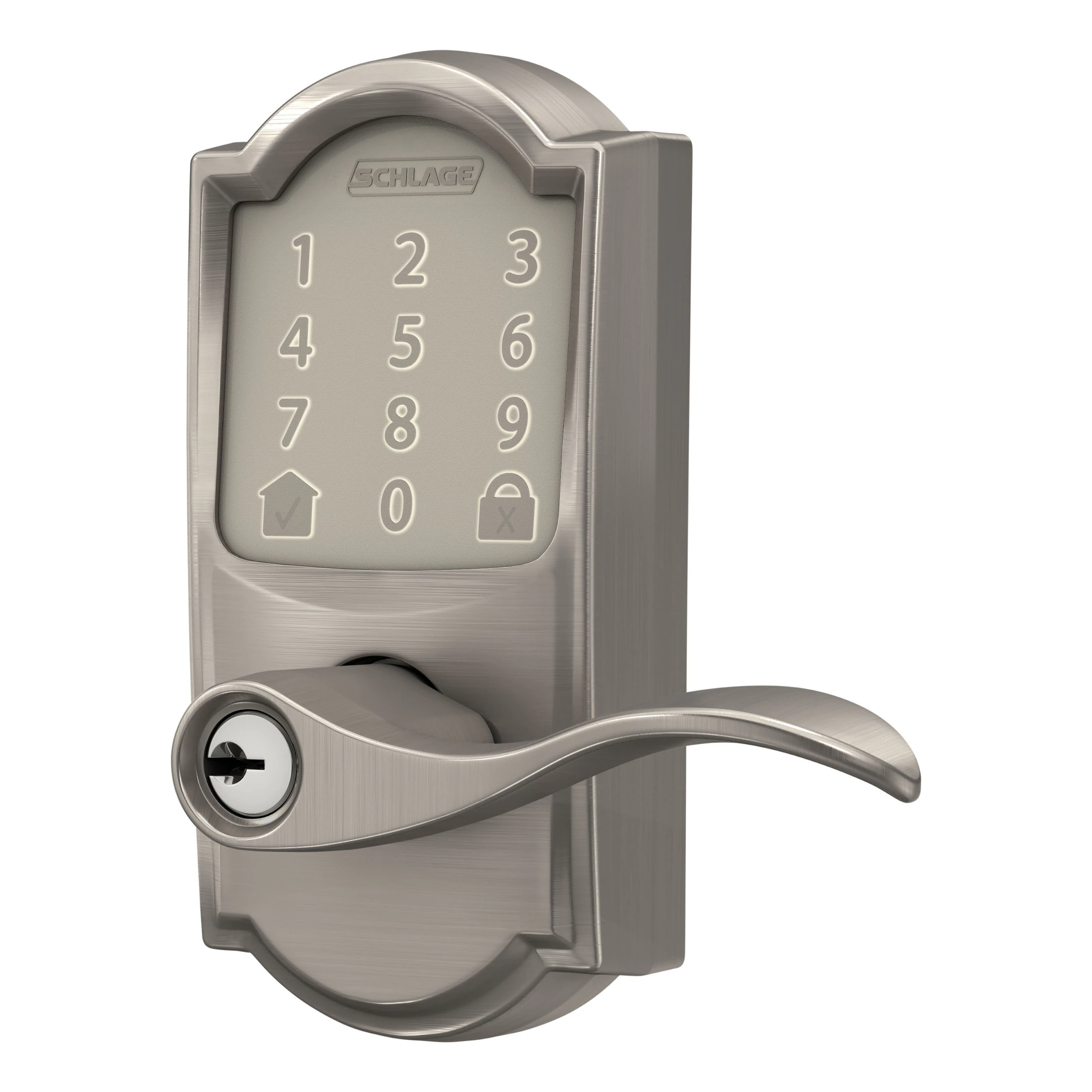 Schlage Encode Lever Camelot-Accent Satin Nickel Smart Lock Electronic Handle with Wifi Bluetooth Touchscreen Keypad