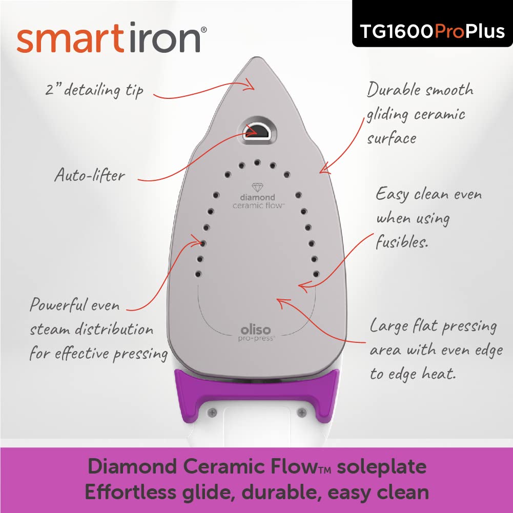 Oliso TG1600 Pro Plus 1800 Watt SmartIron with Auto Lift - for Clothes, Sewing, Quilting and Crafting Ironing, Purple
