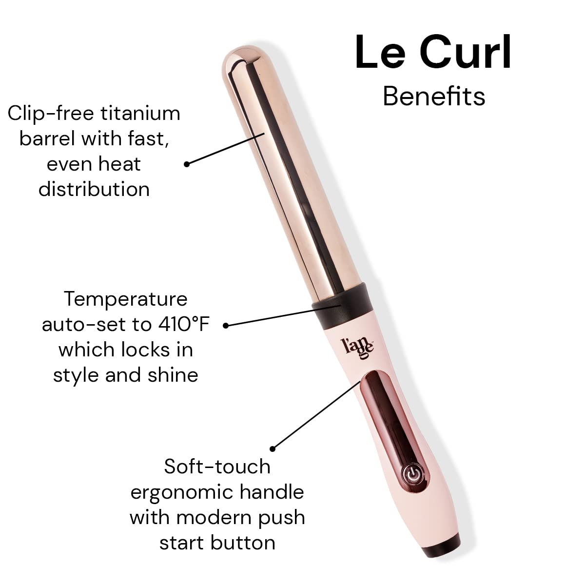 L'ANGE HAIR Le Curl Titanium Curling Wand, Professional Curling Iron for All Hair Types, Clip Free Hair Curler, Blush 1.25” (32MM)
