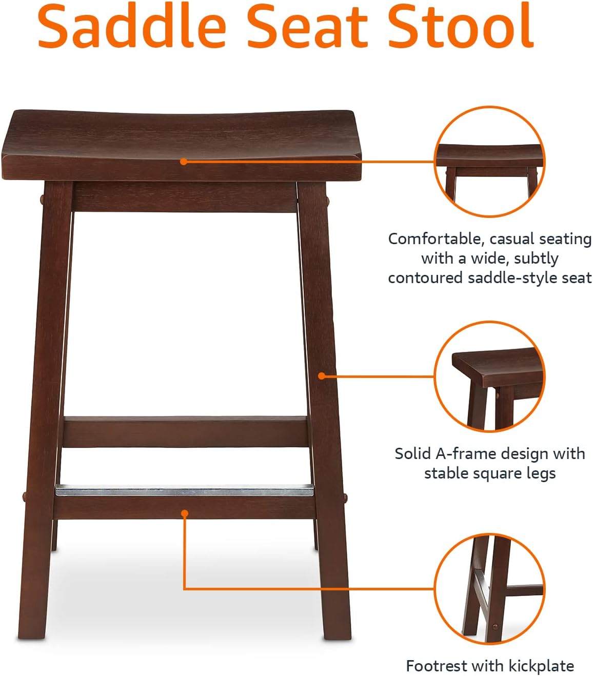 Amazon Basics Solid Wood Saddle-Seat Kitchen Counter-Height Stool, 24-Inch Height, Walnut Finish - Set of 2