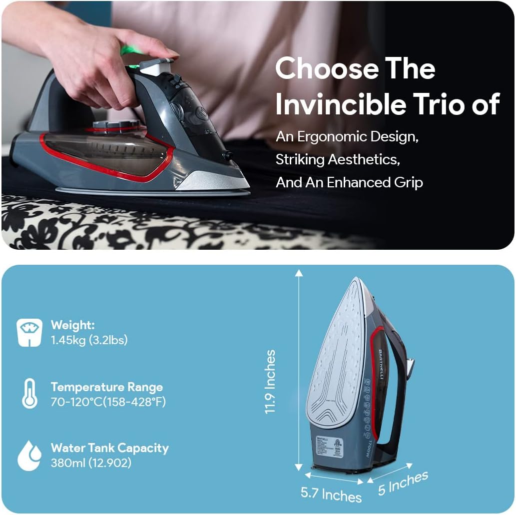 Bartnelli Pro Luxury Steam Iron for Clothes, New Powerful Steam Technology, Non-Stick Ceramic Soleplate, 1700 Watts