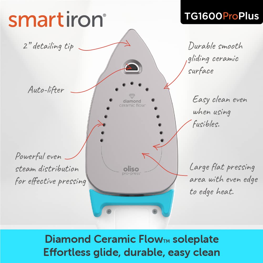 Oliso TG1600 Pro Plus 1800 Watt SmartIron with Auto Lift, Diamond Ceramic-Flow Soleplate Steam Iron, Turquoise
