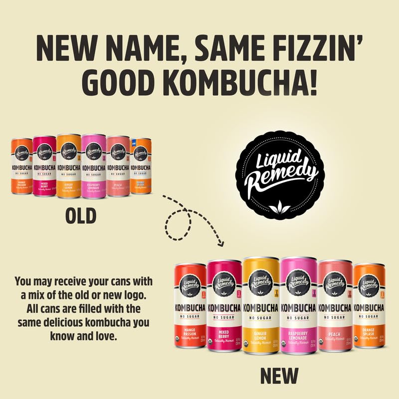 Liquid Remedy Kombucha Sugar Free Organic Drink, Low Calorie, Probiotic Like Tea for Gut Health - 8.5 Fl Oz Can, 24-Pack