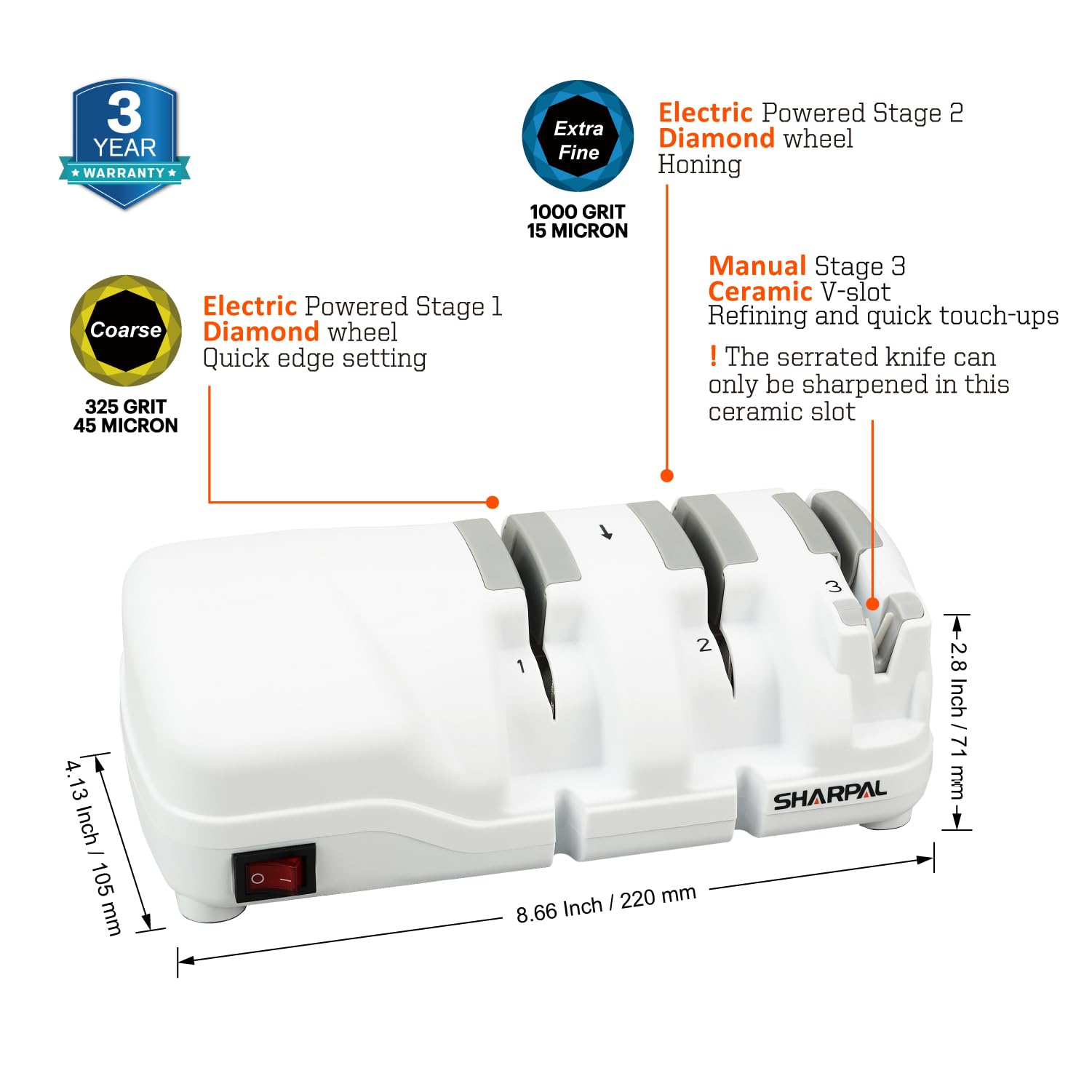 SHARPAL 198H 3 Stages Professional Electric Knife Sharpener, Diamond Roll Sharpener for Razor-Sharp Result