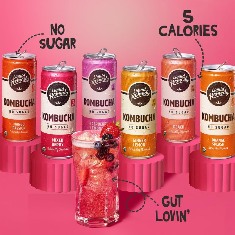 Liquid Remedy Kombucha Sugar Free Organic Drink, Low Calorie, Probiotic Like Tea for Gut Health - 8.5 Fl Oz Can, 24-Pack