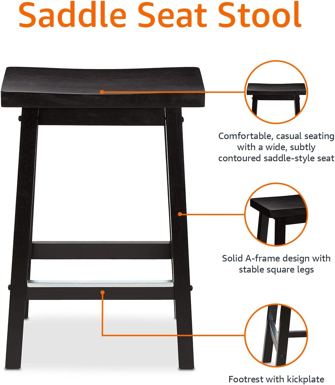 Amazon Basics Solid Wood Saddle-Seat Counter-Height Kitchen Island BarStool, 24-Inch Height, Black - Set of 2