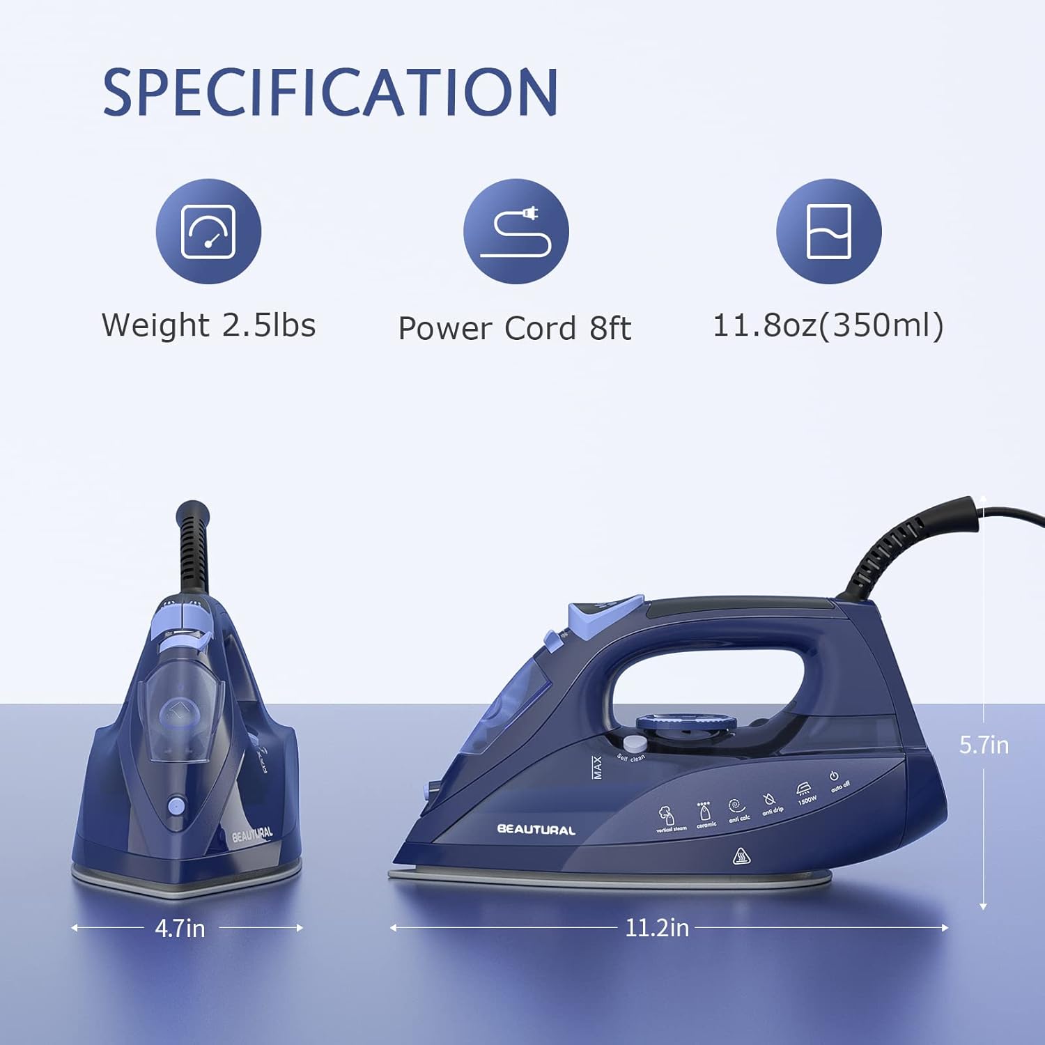 BEAUTURAL Steam Iron for Clothes with Precision Thermostat Dial, Anti-Drip Blue