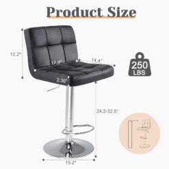 Sweetcrispy Bar Stools Set of 4, PU Leather Adjustable Swivel Barstools, Armless Hydraulic Kitchen Counter Height Bar Stools, Black