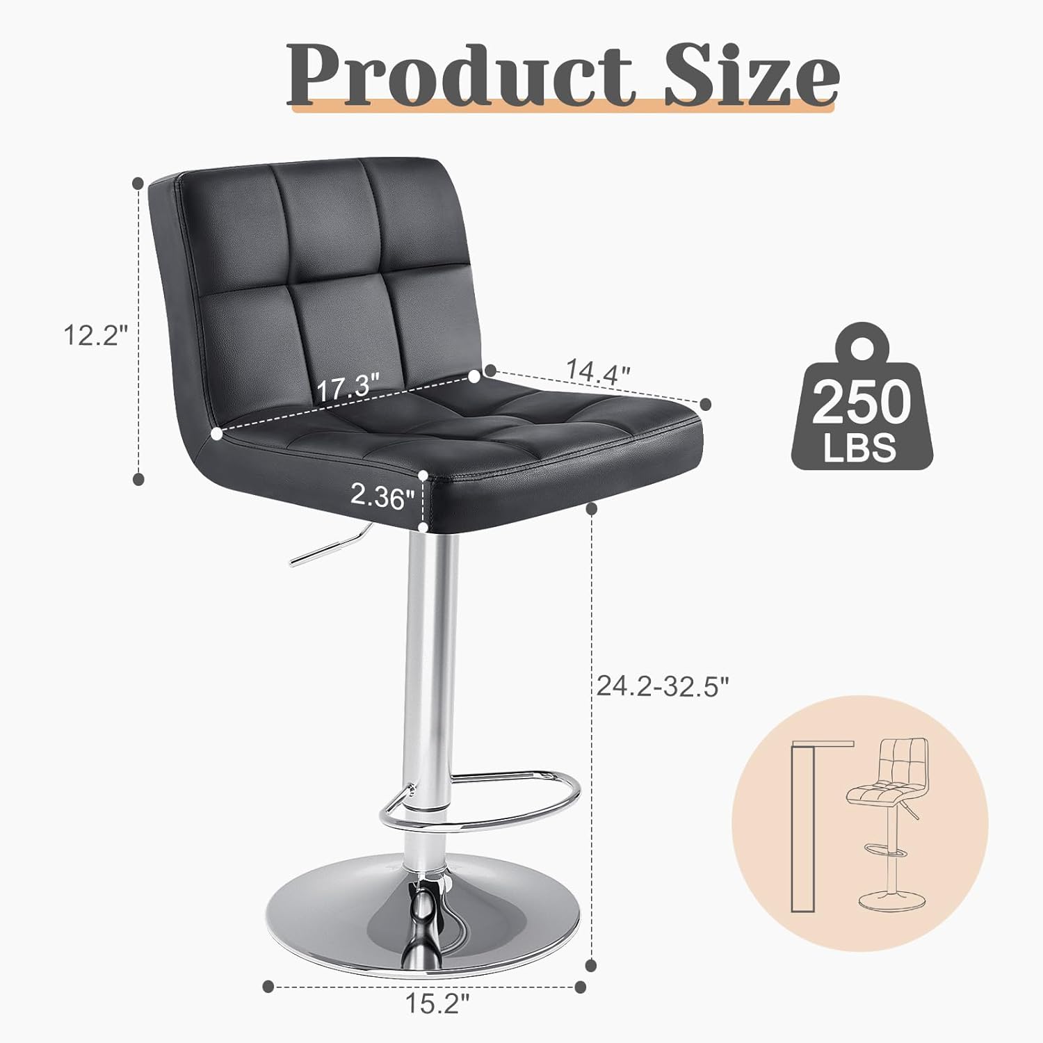 Sweetcrispy Bar Stools Set of 4, PU Leather Adjustable Swivel Barstools, Armless Hydraulic Kitchen Counter Height Bar Stools, Black