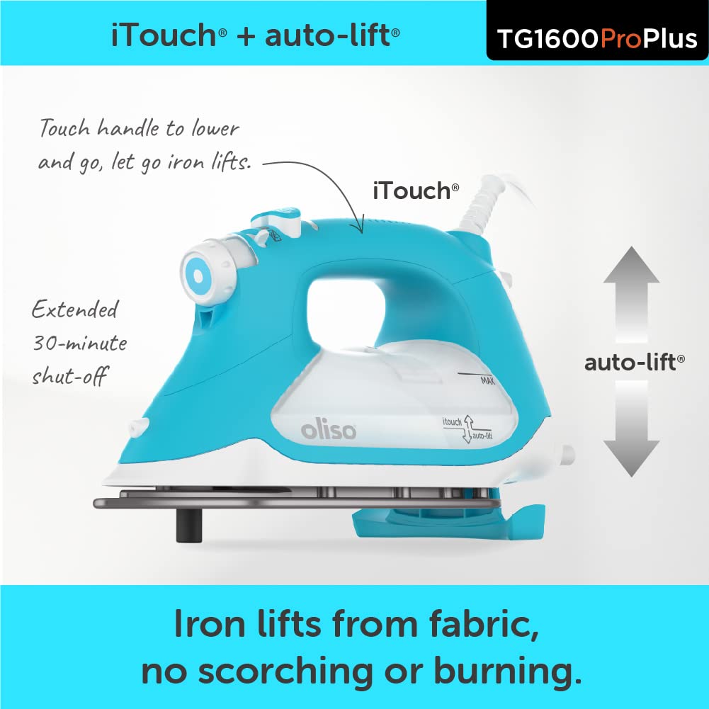 Oliso TG1600 Pro Plus 1800 Watt SmartIron with Auto Lift, Diamond Ceramic-Flow Soleplate Steam Iron, Turquoise