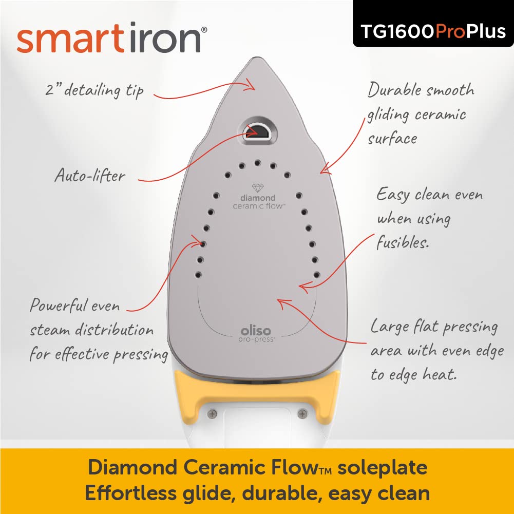 Oliso TG1600 Pro Plus 1800 Watt SmartIron with Auto Lift - for Clothes, Sewing, Quilting and Crafting Ironing, Yellow