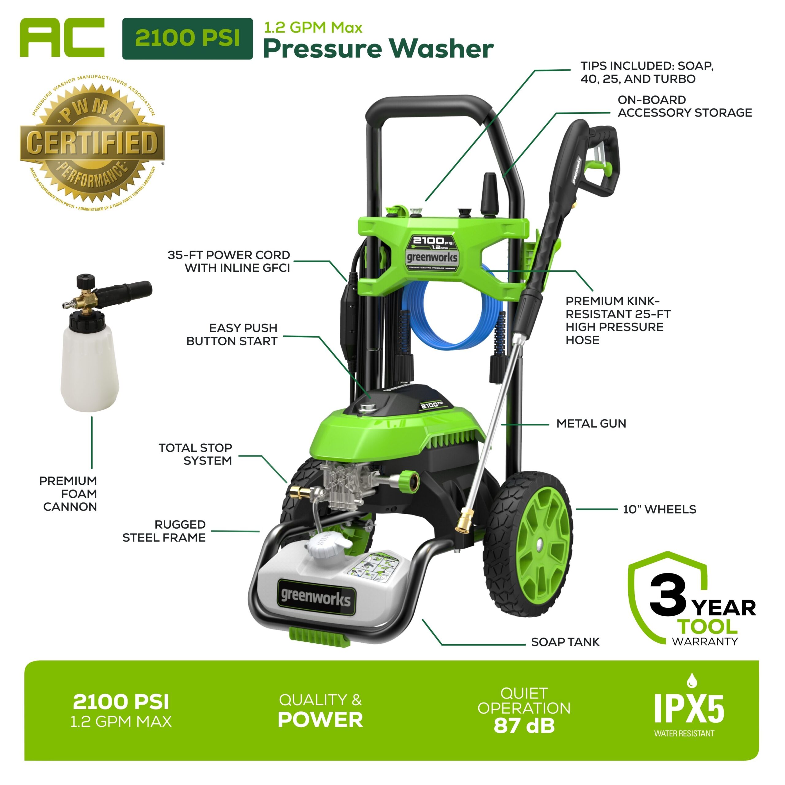 Greenworks 2100 PSI 1.2-GPM Cold Water Electric Pressure Washer with 4 Spray Tips