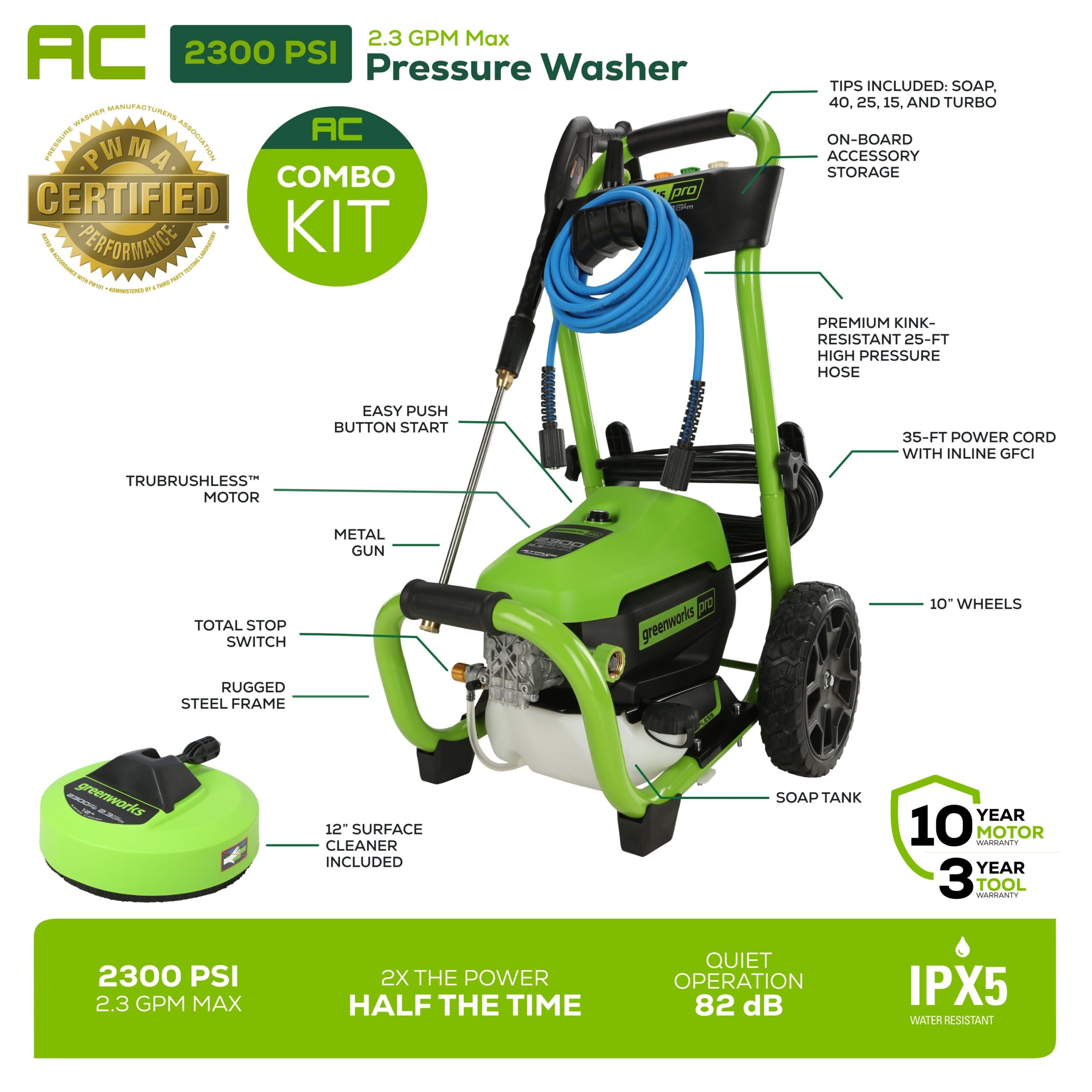 Greenworks 2300 PSI 1.2-GPM Cold Water Electric Pressure Washer with 5 Spray Tips and Surface Cleaner