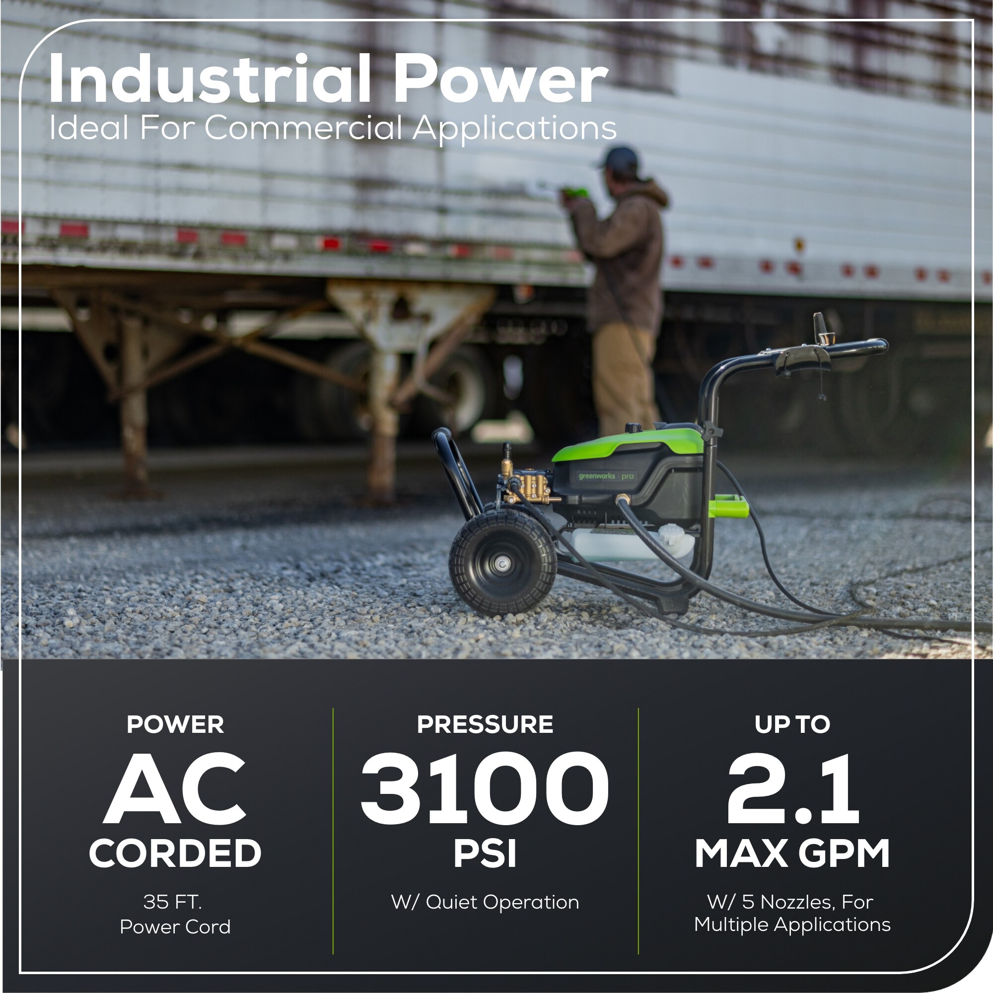 Greenworks Industrial Grade 3100 PSI 2.1-GPM Cold Water Electric Pressure Washer with 5 Spray Tips