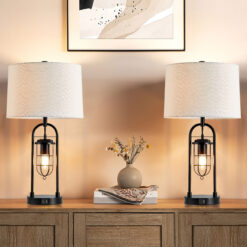 KAWOTI Ahmauri 26-in Dark Bronze LED 3-way Table Lamp with Linen Shade (Set of 2)