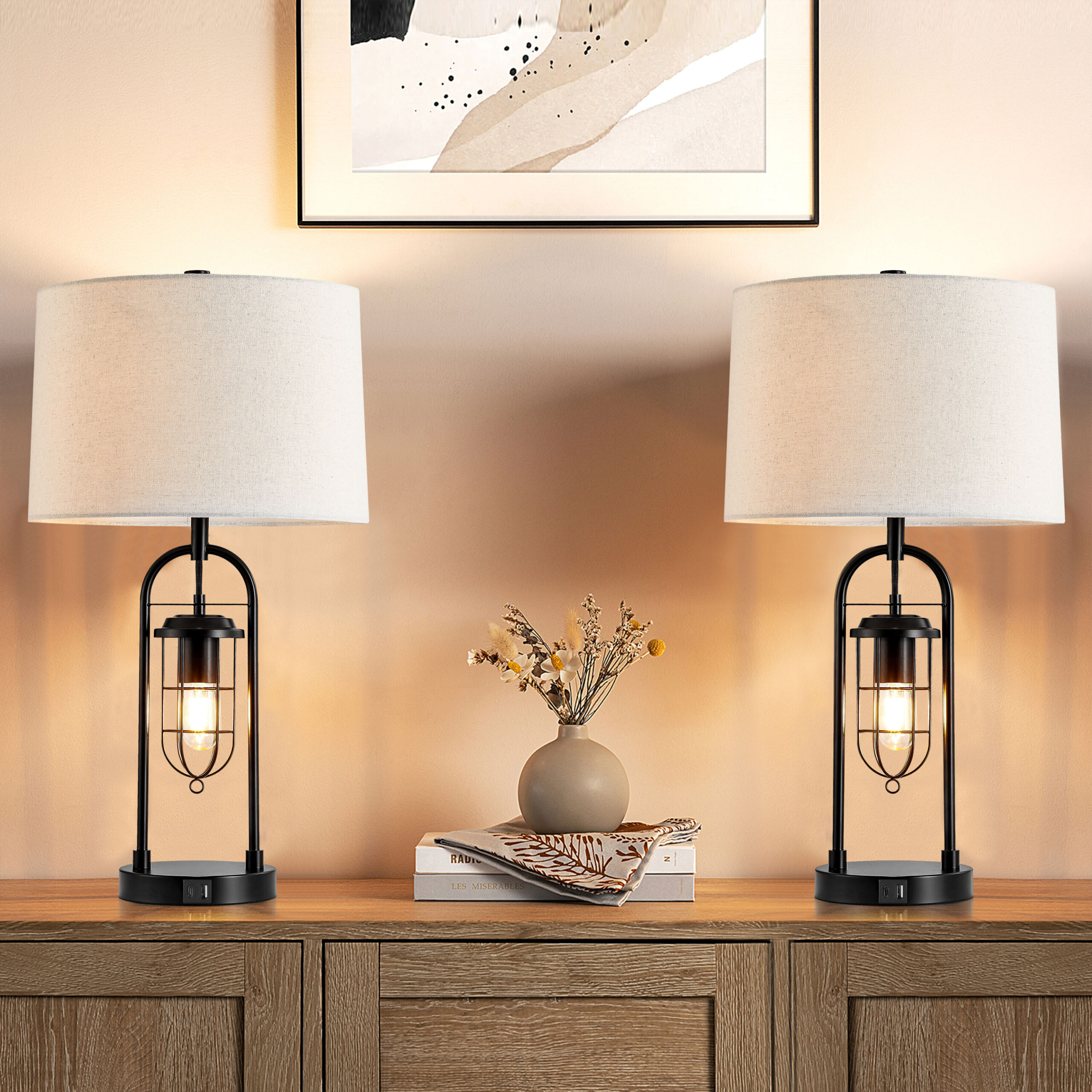 KAWOTI Ahmauri 26-in Dark Bronze LED 3-way Table Lamp with Linen Shade (Set of 2)