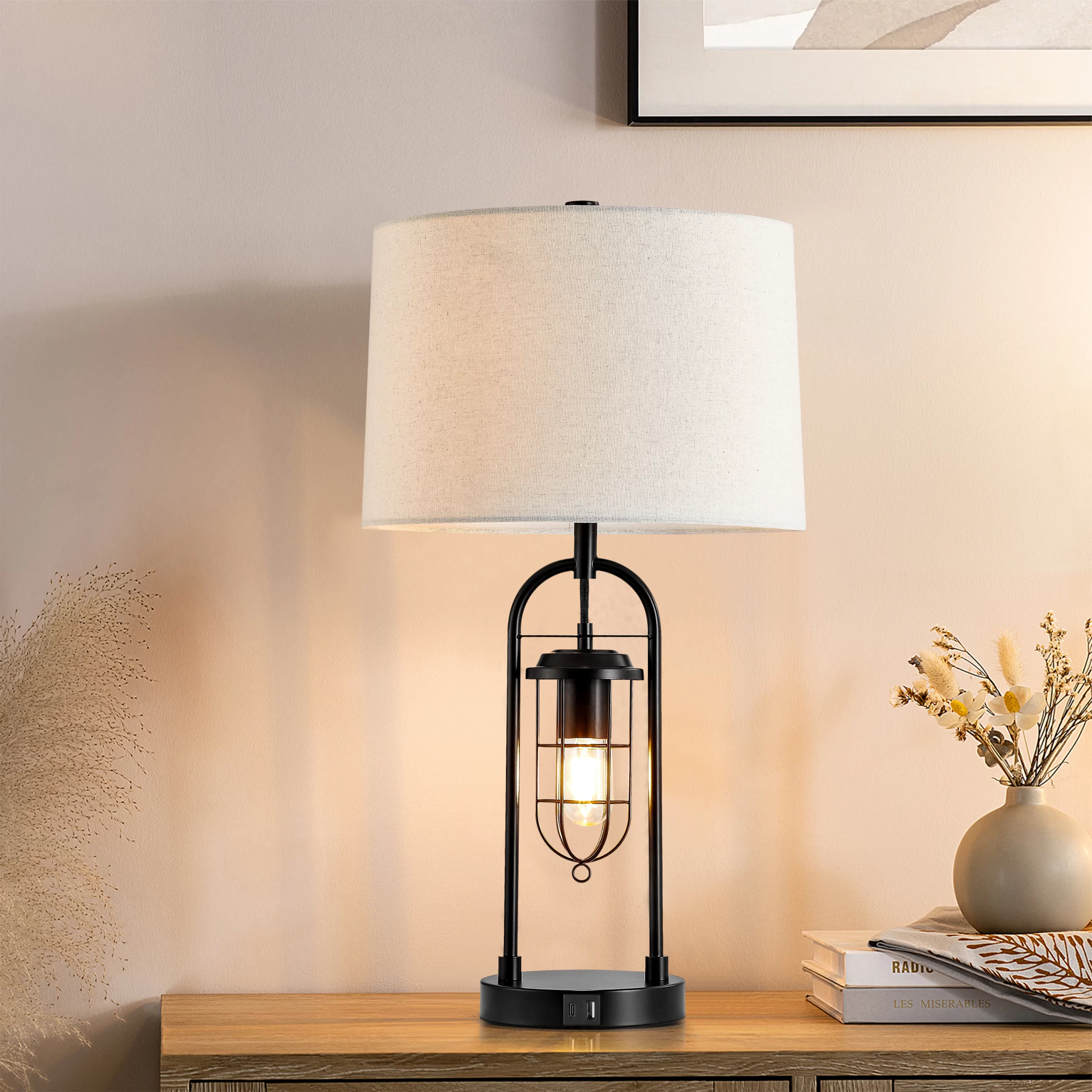 KAWOTI Ahmauri 26-in Dark Bronze LED 3-way Table Lamp with Linen Shade (Set of 2)