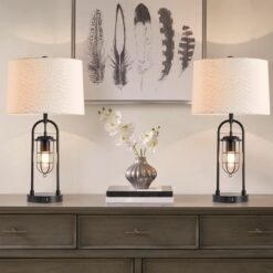 KAWOTI Ahmauri 26-in Dark Bronze LED 3-way Table Lamp with Linen Shade (Set of 2)