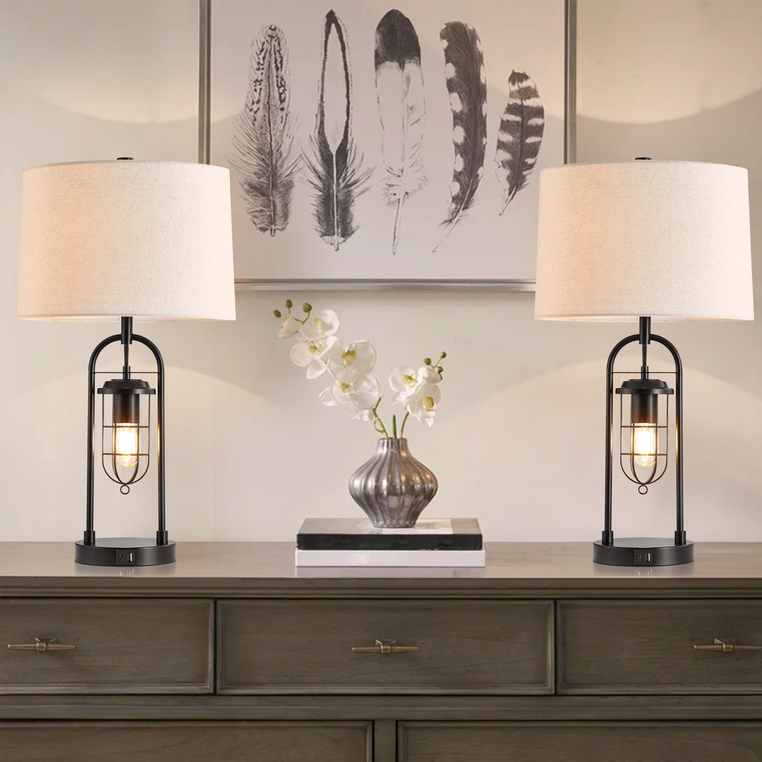 KAWOTI Ahmauri 26-in Dark Bronze LED 3-way Table Lamp with Linen Shade (Set of 2)