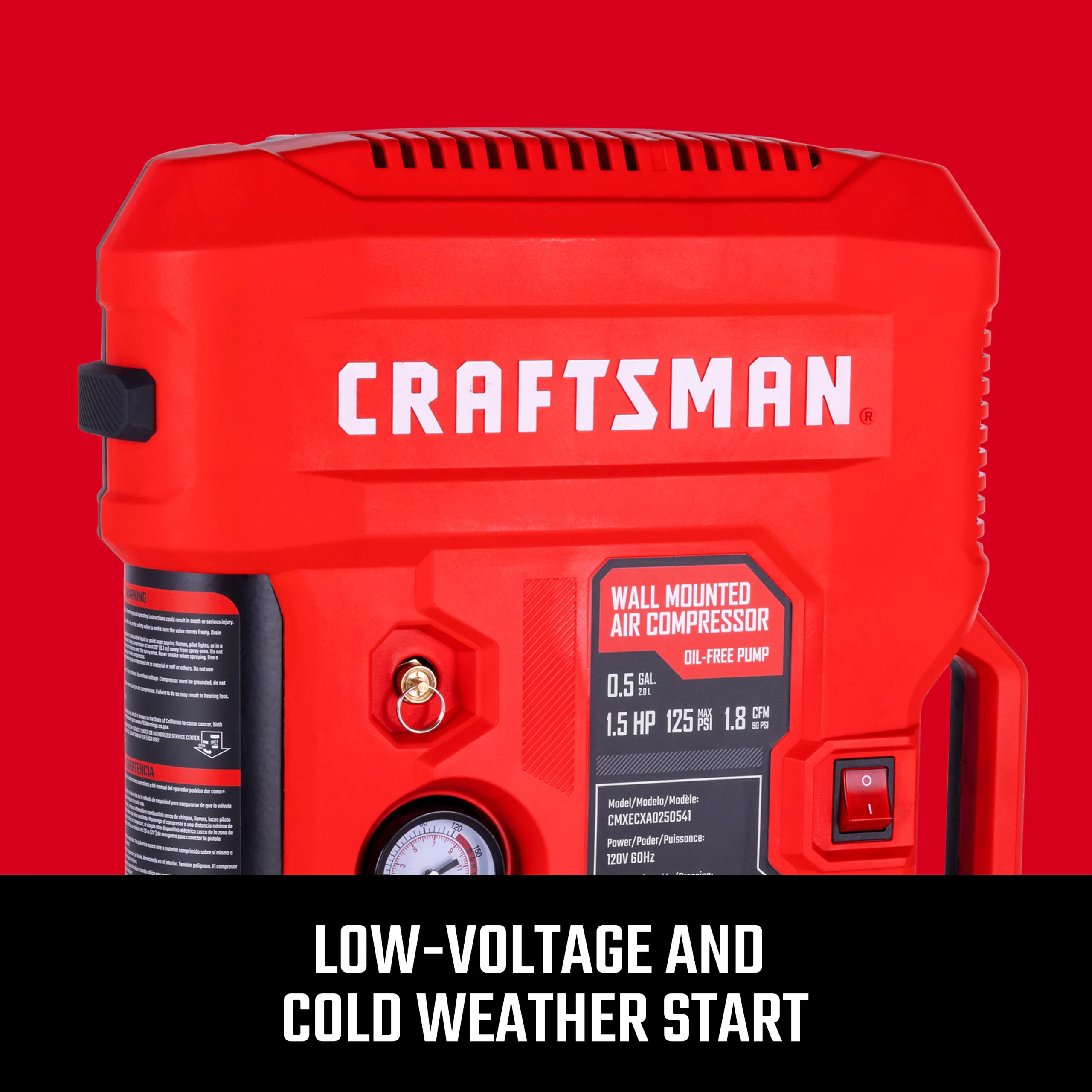 CRAFTSMAN CMXECXA0250541 Wall- Mount Built-In Hose Reel 0.5-Gallon Portable Electric 125 PSI Vertical Air Compressor