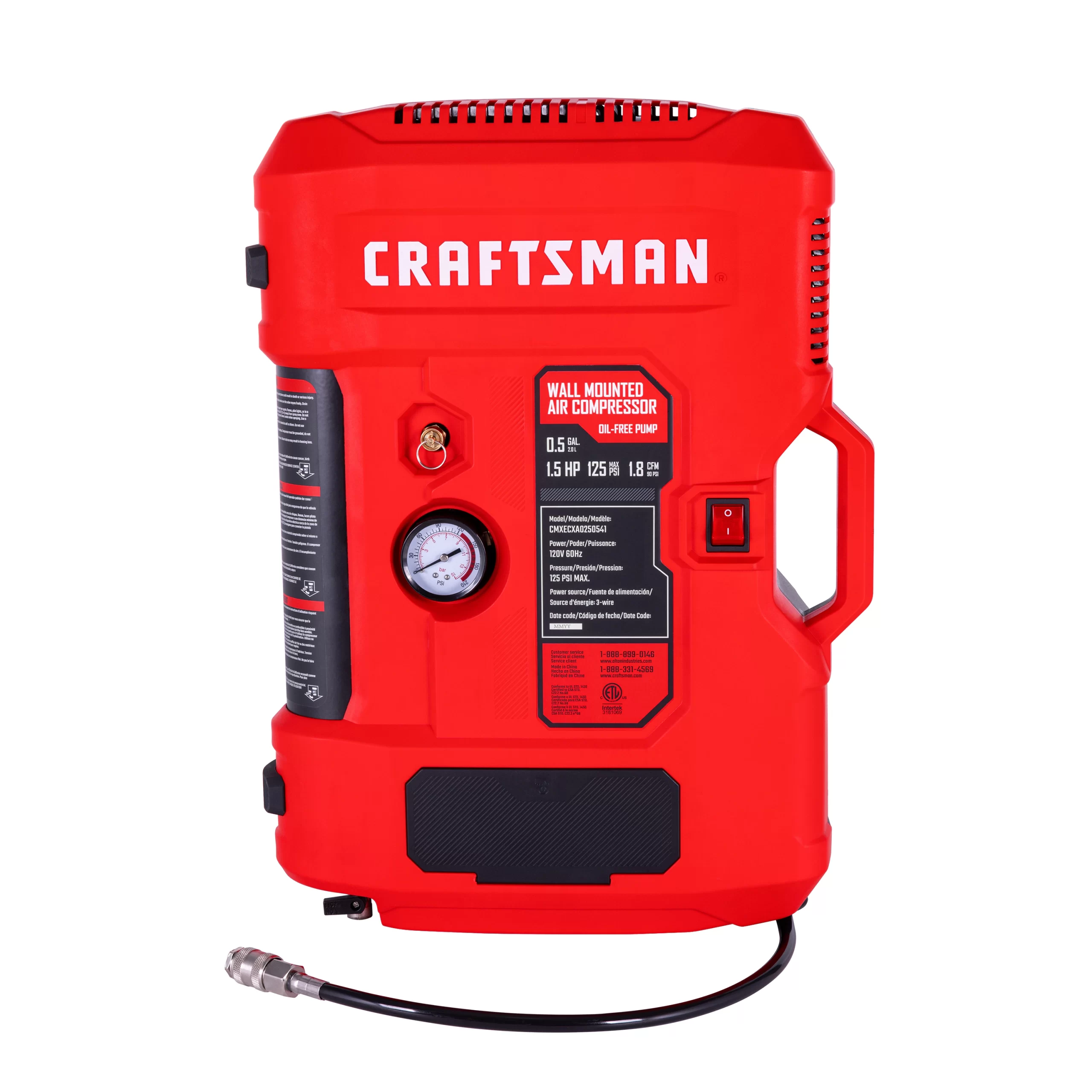 CRAFTSMAN CMXECXA0250541 Wall- Mount Built-In Hose Reel 0.5-Gallon Portable Electric 125 PSI Vertical Air Compressor