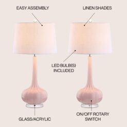 JONATHAN Y Bette Glass Teardrop Contemporary/Transitional 28.5-in Pink Led, Rotary Socket Table Lamp with Linen Shade (Set of 2)