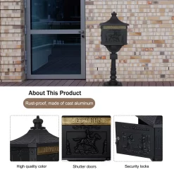 Siavonce Vintage Style Black Cast Aluminum Lockable Ground Mount Mailbox, 46-in x 12-in x 17