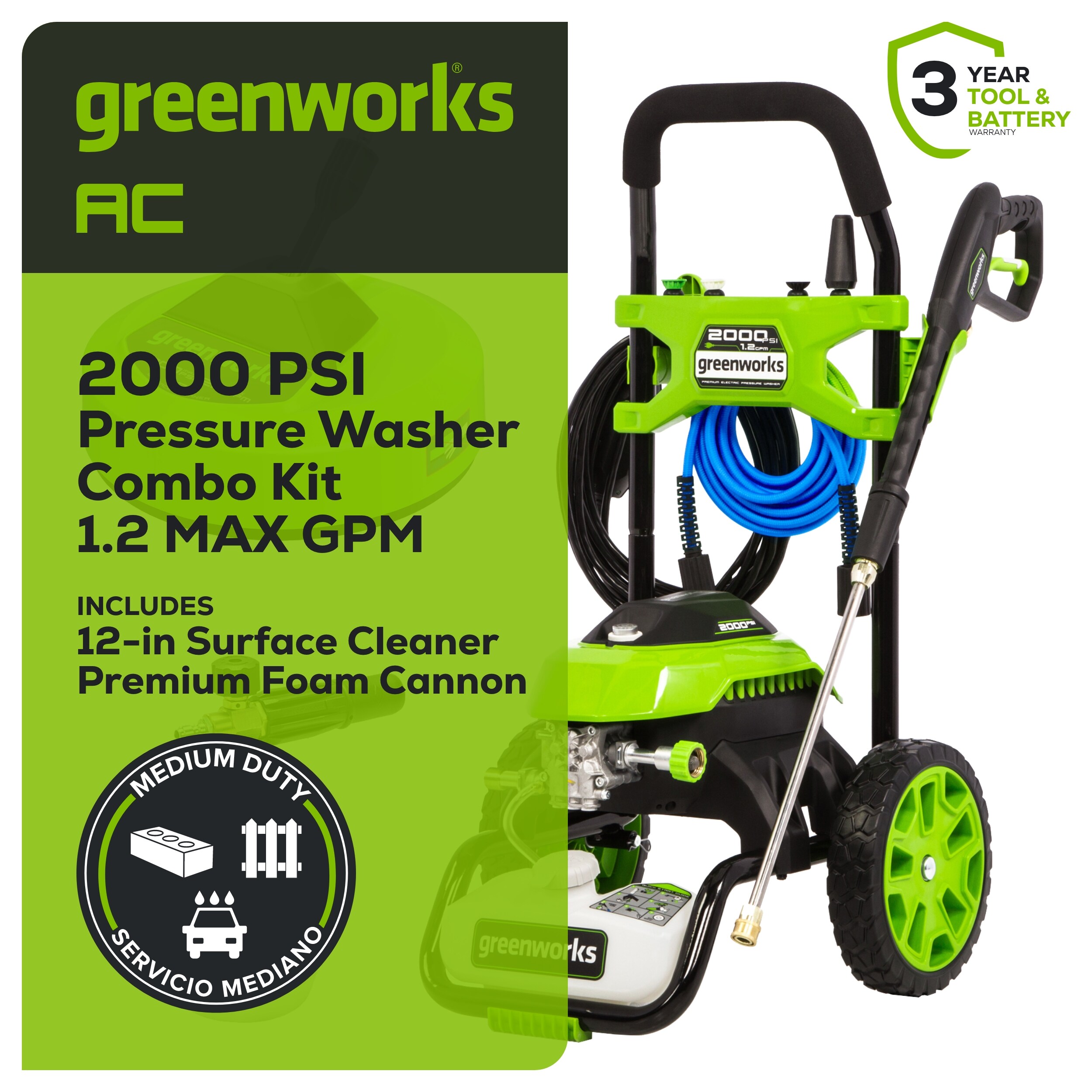 Greenworks 2000 PSI 1.2-GPM Cold Water Electric Pressure Washer with 4 Spray Tips and Surface Cleaner
